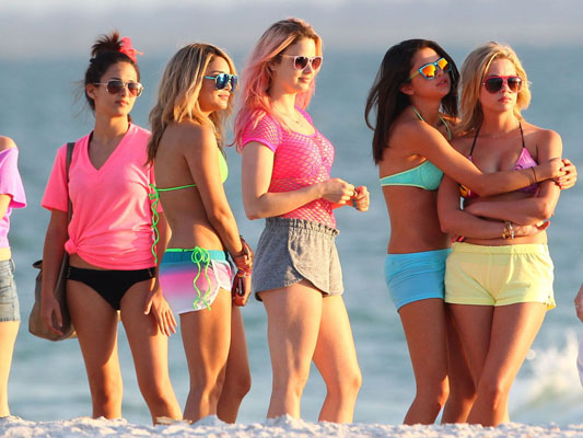 Actresses Selena Gomez, Vanessa Hudgens and Ashley Benson film scenes in bikinis for their new movie 'Spring Breakers' in Florida